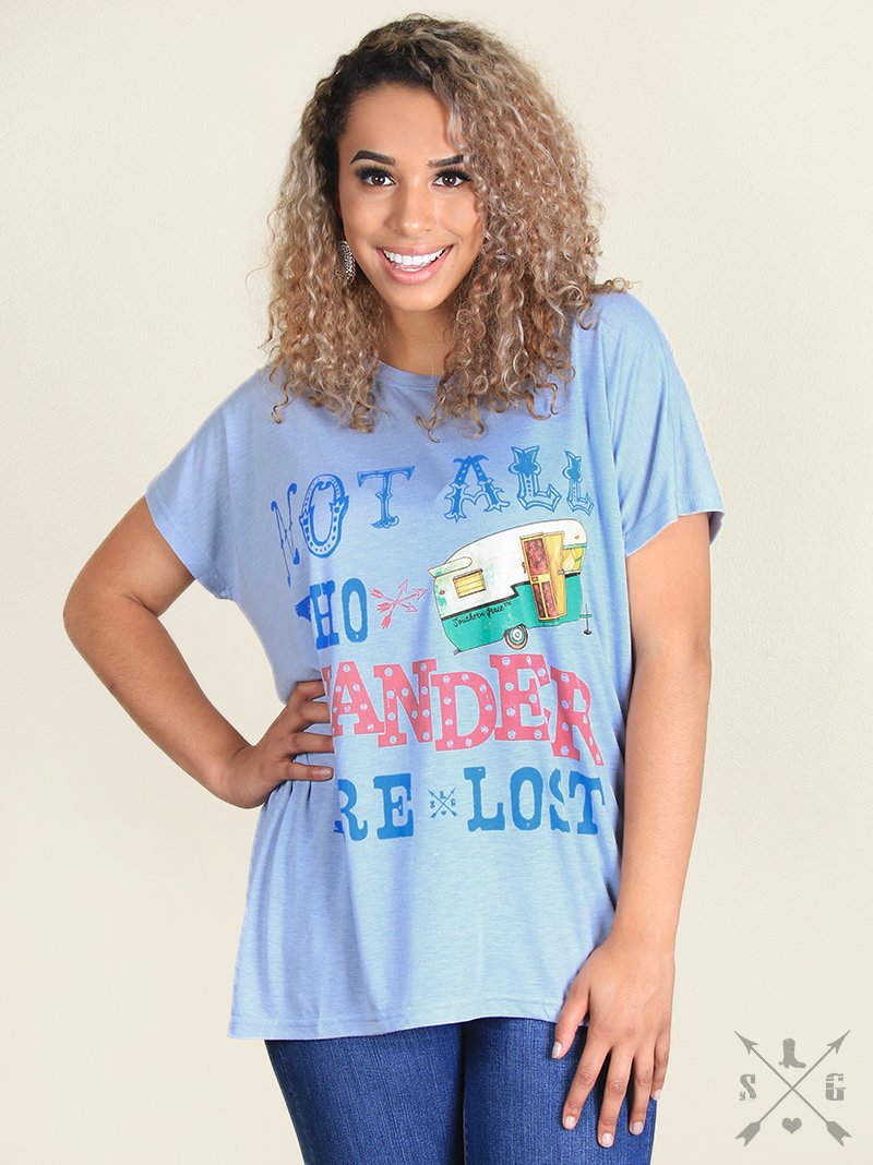 NOT ALL WHO WANDER ARE LOST CAMPER ON BLUE SHORT SLEEVE TUNIC