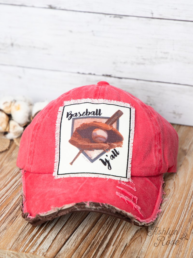 BASEBALL Y'ALL PATCH ON DISTRESSED RED HAT