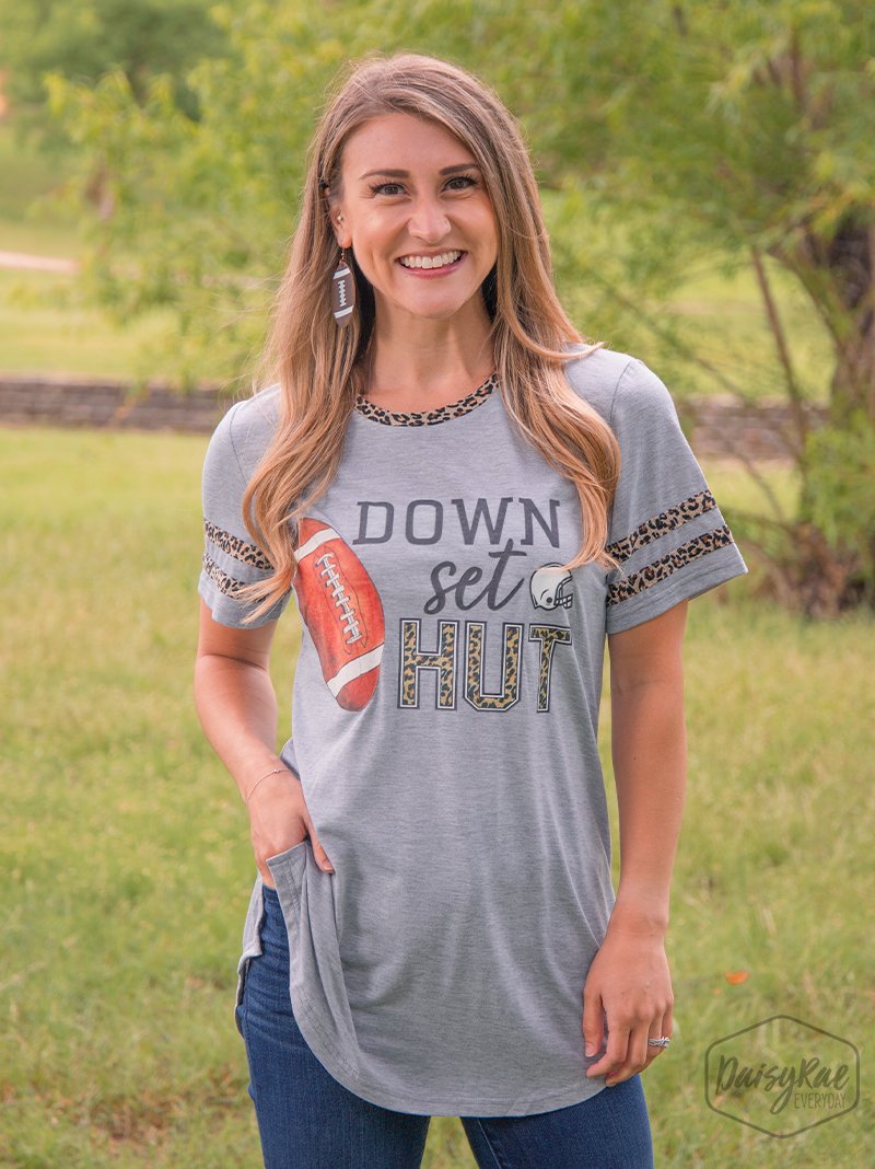 DOWN SET HUT WITH WATERCOLOR FOOTBALL ON GREY SHORTSLEEVE TEE WITH LEOPARD ACCENTS
