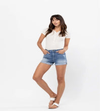 Load image into Gallery viewer, HIGH RISE DISTRESSED SHORTS W/ ROLL CUFF FRAY HEM

