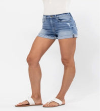 Load image into Gallery viewer, HIGH RISE DISTRESSED SHORTS W/ ROLL CUFF FRAY HEM
