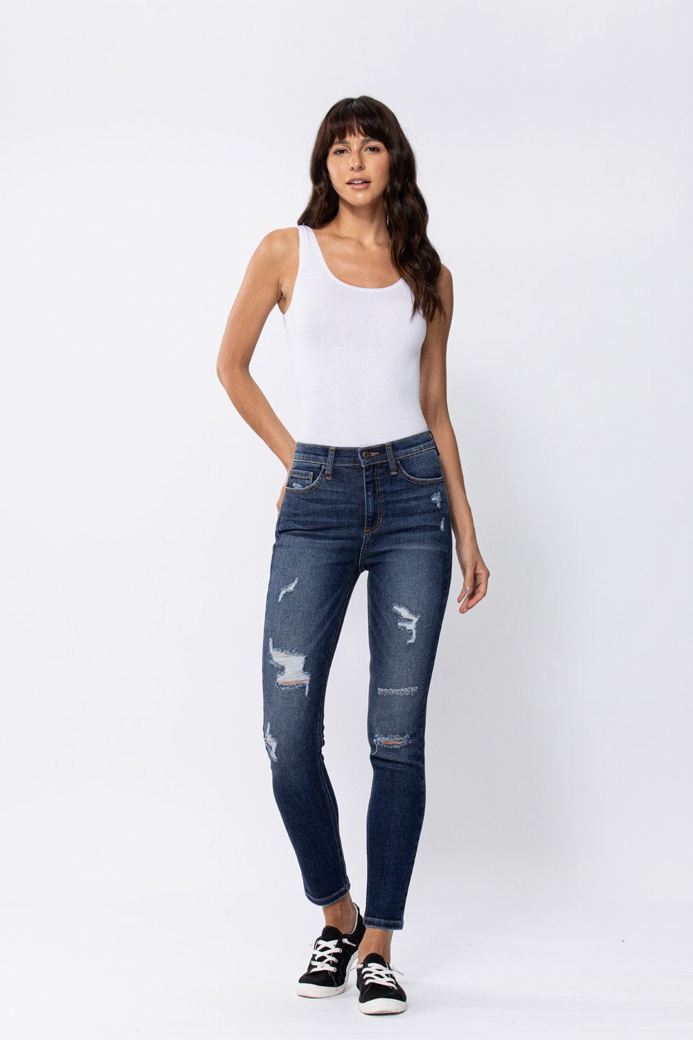HIGH RISE SKINNY JEANS WITH FRONT DISTRESSING