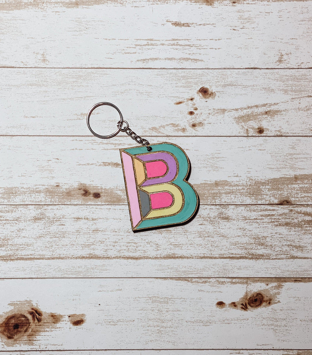 Multicolored B Initial Wood Keychain