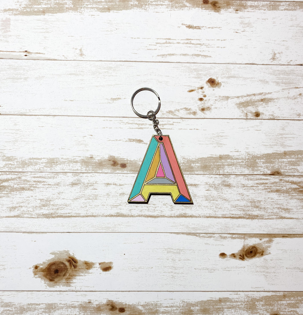 Multicolored A Initial Wood Keychain
