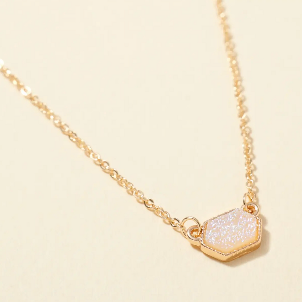 Hexagon Druzy Stone Charm Short Necklace and gold stud earring set