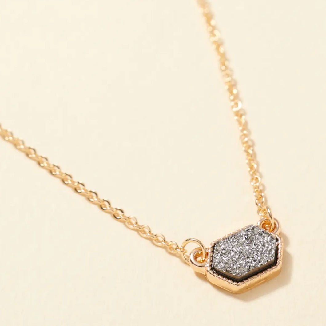 Hexagon Druzy Stone Charm Short Necklace and gold stud earring set