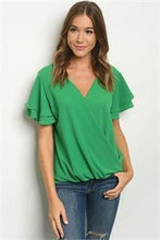 Load image into Gallery viewer, RUFFLE SLEEVE KELLY GREEN TOP
