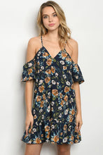 Load image into Gallery viewer, OFF THE SHOULDER BLUE AND RUST BOTANICAL PRINT DRESS
